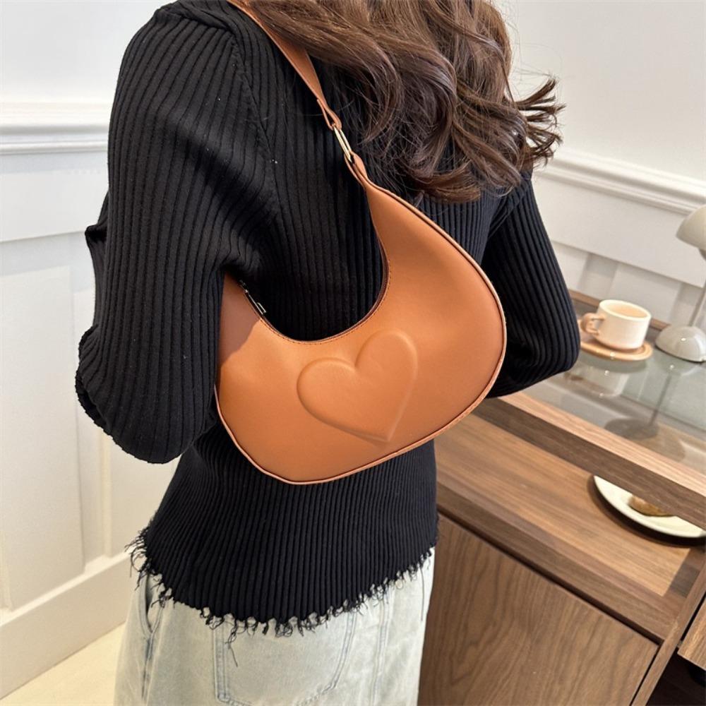 Solid Color PU Leather Shoulder Bag Love Heart Hobo Bag Portable Crescent Moon Underarm Bag  Girls