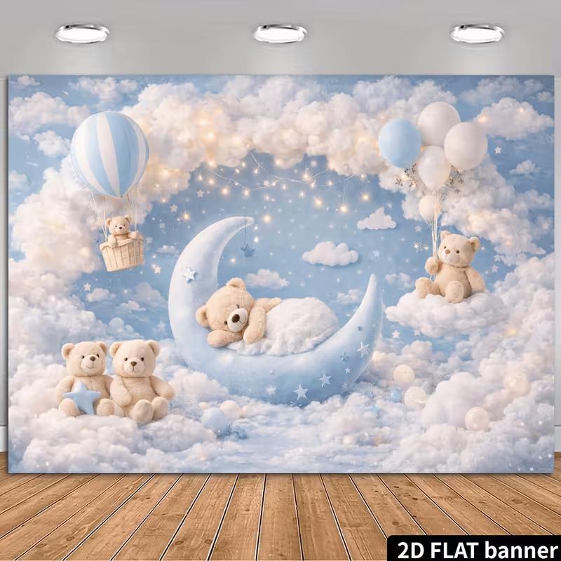 2D Cute Plush Bear Crescent Moon Cloud Photography Backdrop Banner