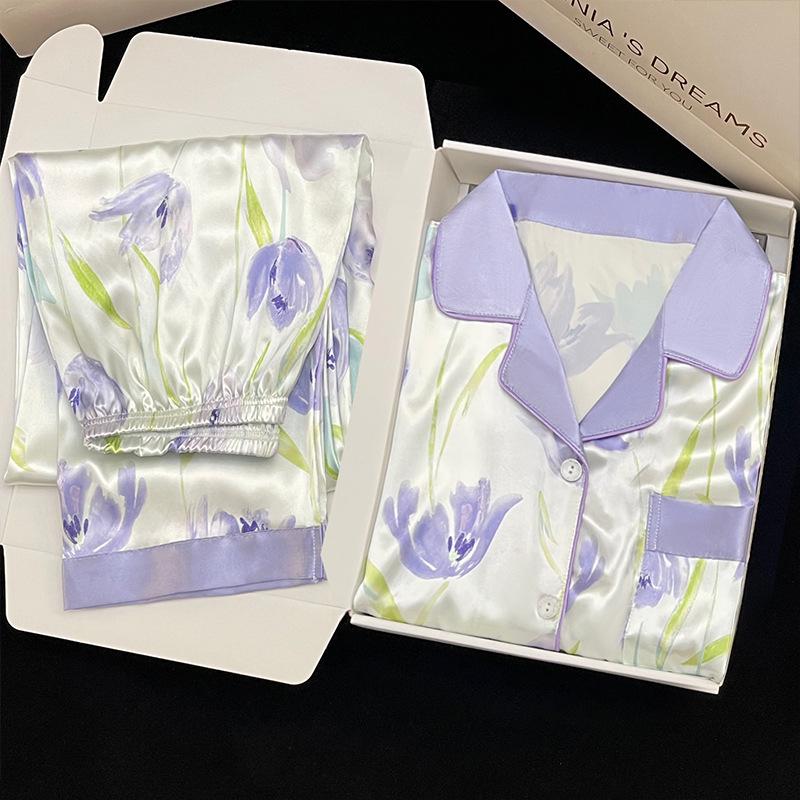Sweet Japanese Taro Purple Tulip Pajamas Women S Spring And Summer Long-Sleeved Loungewear Set M