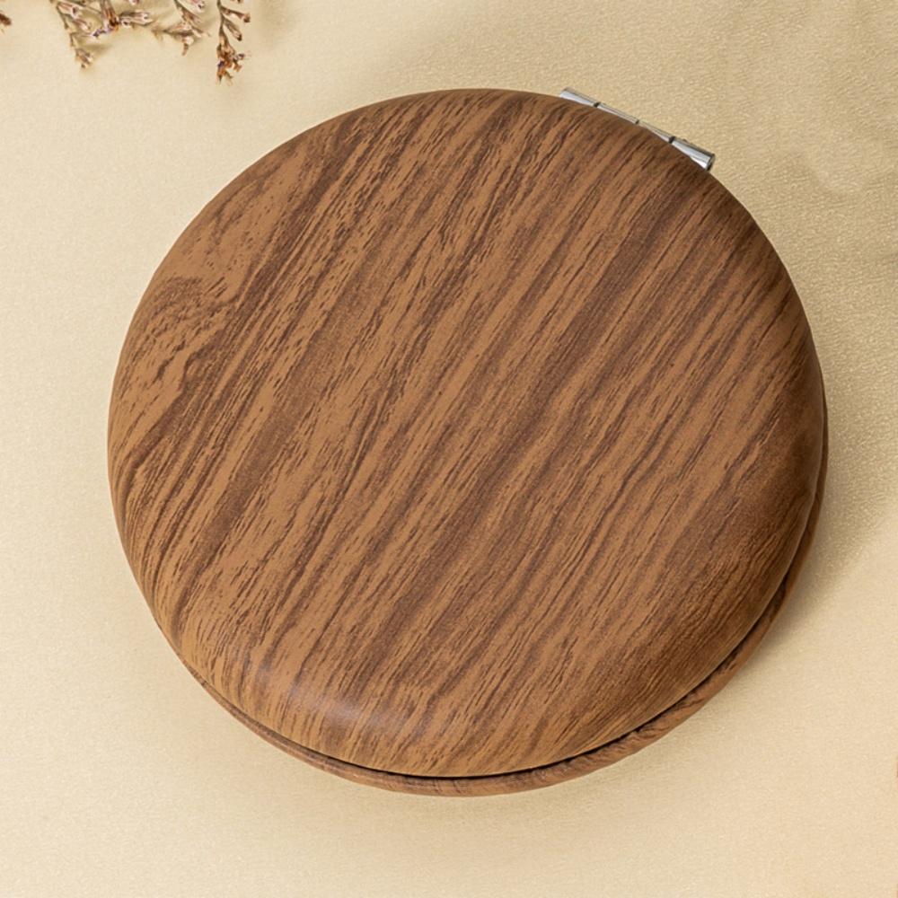 Pu Leather Pocket Mirror  Double Sided Cosmetic Mirror Wood Grain Makeup Mirror Compact For Handbag Girls Travel