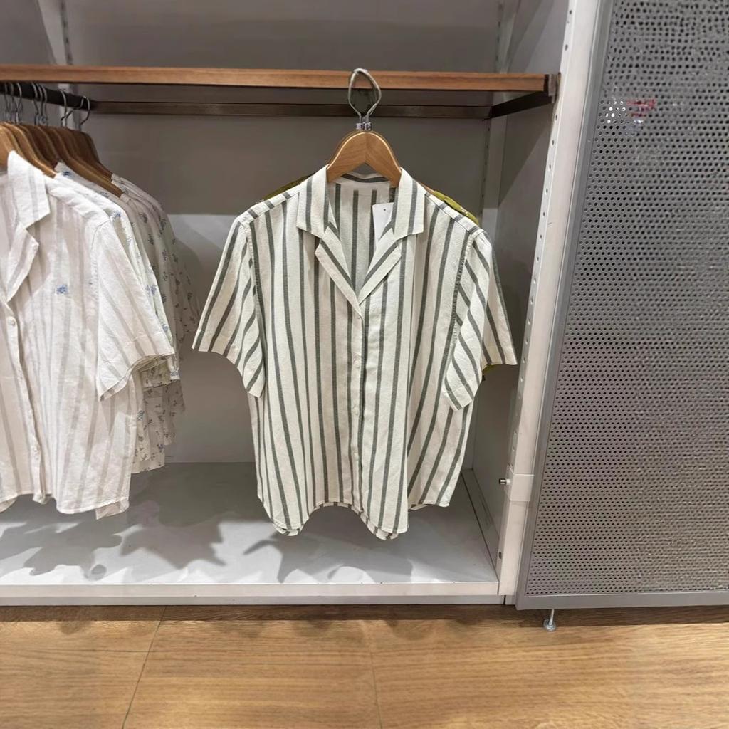 1116 Summer New Women's Hemp Blended Open Neck Striped Shirt Short Sleeve Shirt Loose Top Women's 171611