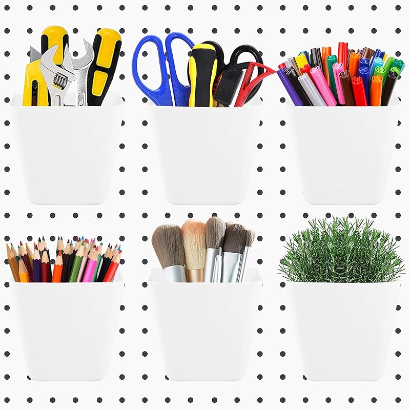 6Pack Pegboard Cups, Large Pegboard Bins with Hooks, Square Box Shape Pegboard Cup Holder Accessories for Garage Office Craft Room DIY Tools Playroom