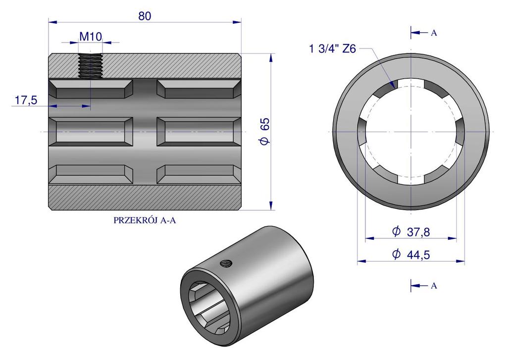 Bushing, PTO Connecting Milled 80mm Z6 - 1 3/4, Waryński