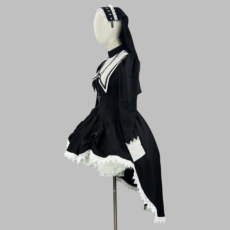 Anime Cosplay Costume Dark Sweet and Cool Embroidered Cross Halloween Nun Costume COS Costume