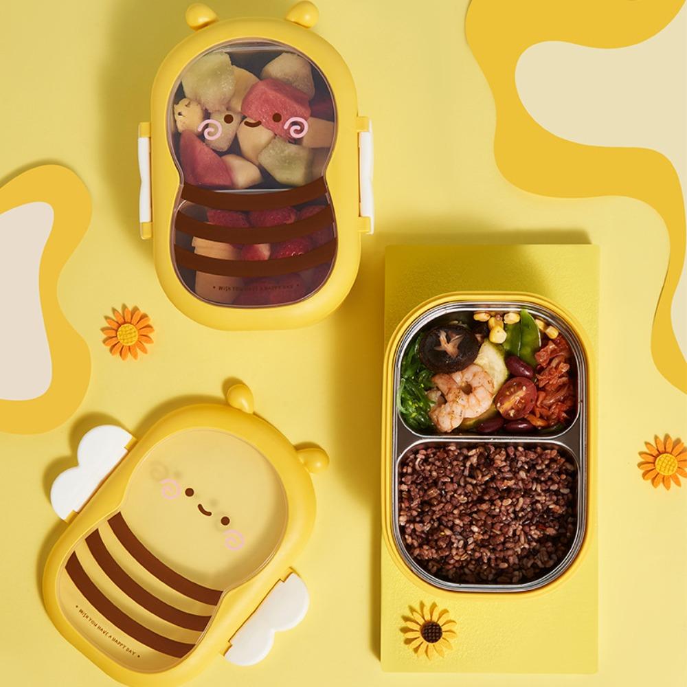 Fun Bee Shape Children's Lunch Box Separate Grids Food Grade Fruit Box 304 Stainless Steel Portable Rice Bowl Meal