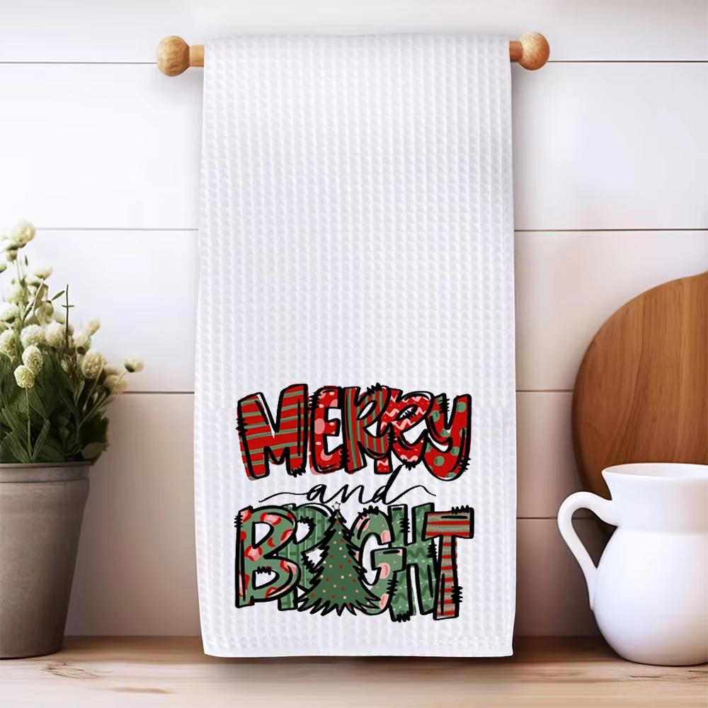 Christmas Towels Dish Waffle Tea Towel Merry and Bright Recipe Kitchen Towel Christmas Kitchen Decor Housewarming Hostess Gift