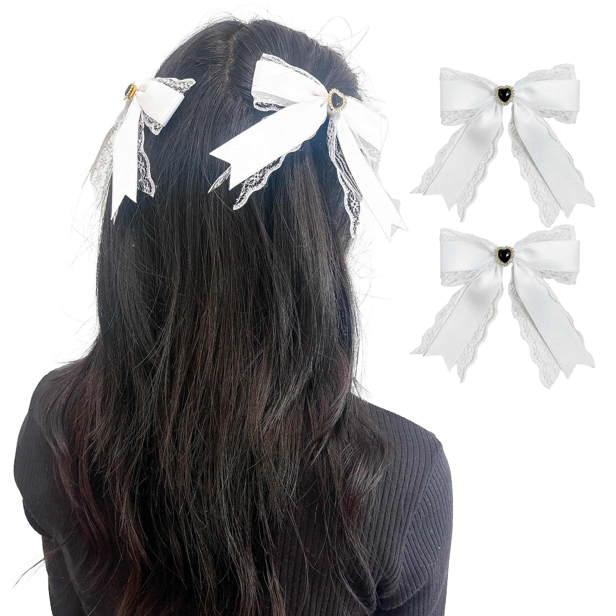 Set of 2 White Lace Ribbon Clips with Heart Jeweled Ribbons, Lolita, Dreamy Kawaii, Gothic Lolita Hair Clips, Hairpins, Hair Accessories [Used]