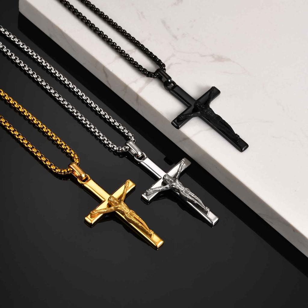 Stainless Steel Jesus Cross Pendant Necklace Fashion Gold Silver Color Christian Necklace Religion Prayer Faith Jewelry for Men