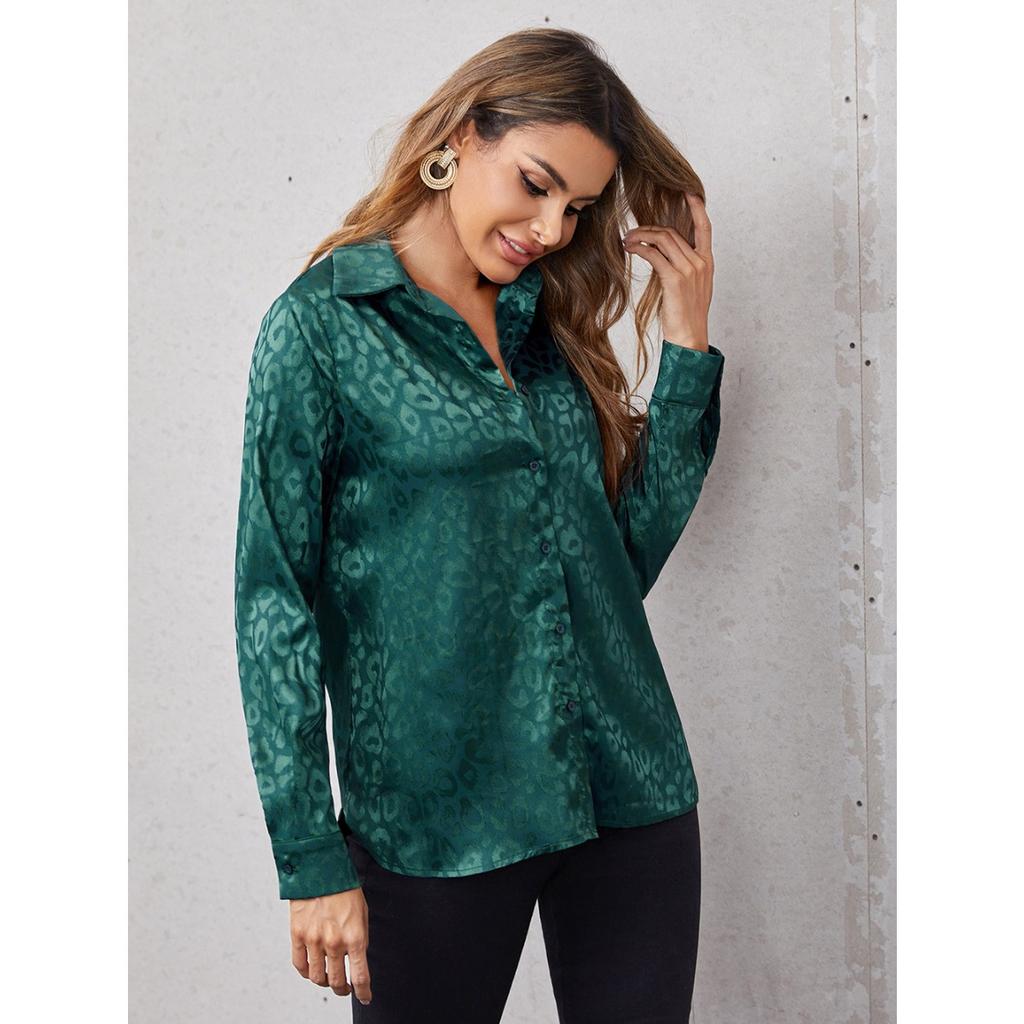 Women's Long Sleeve Lapel Button-up Leopard Jacquard Blouse Elegant Commute Shirt for Leisure