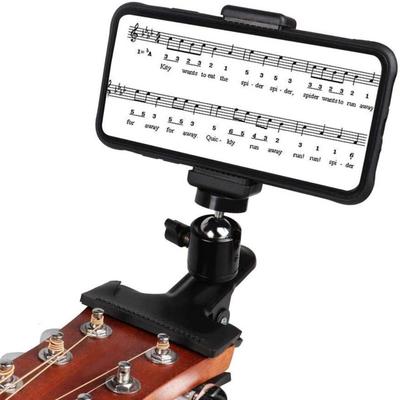 Schwarze Gitarren-Handyhalterung, die es uns bequem macht, Lehrvideos oder Noten, Gitarrenzubehör und Kopfmusik beim Spielen anzusehen