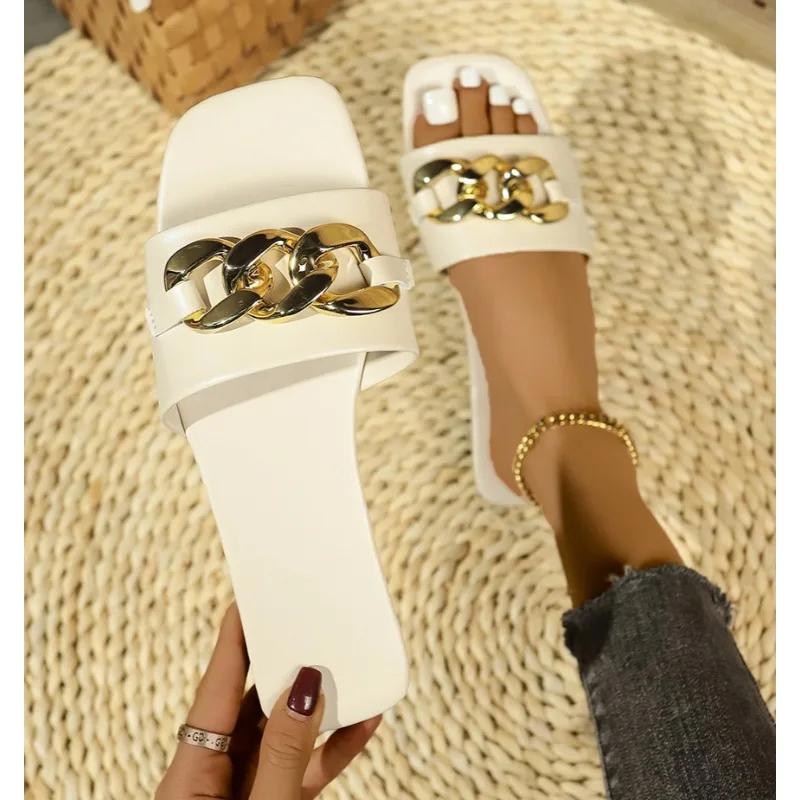 Fashion New Fashion Women's Slippers Square Toe Chain Slippers Flat Slide Sandals Beach Flip Flops Metal Decoration Casual Shoes