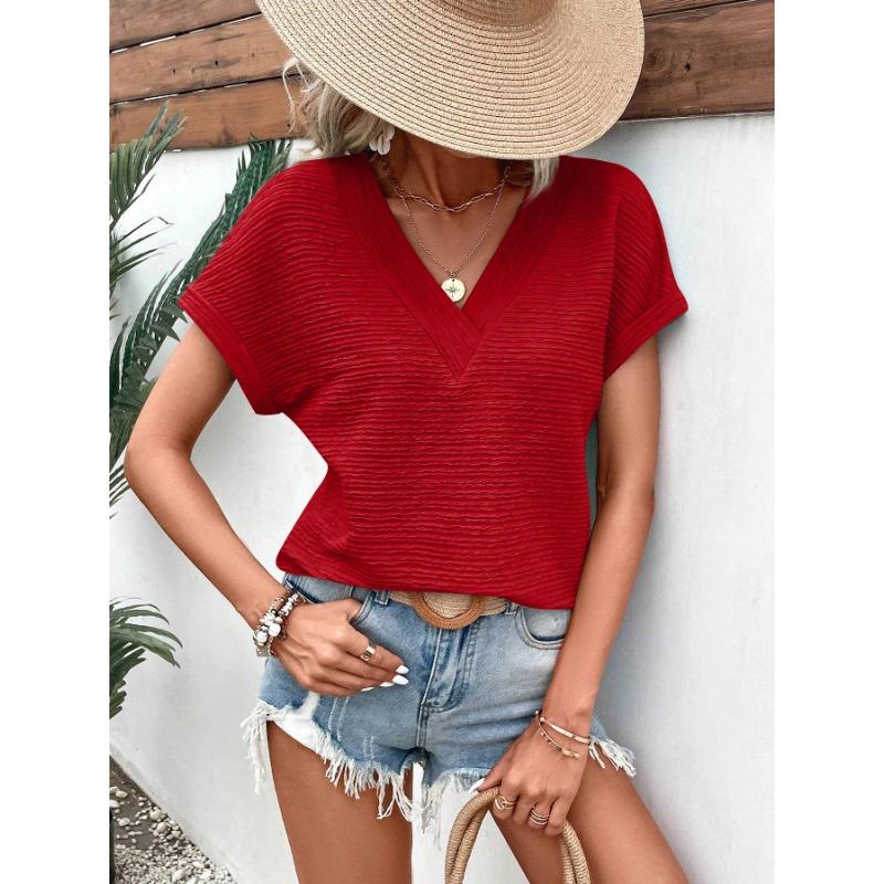 Spring and Summer Fashion Loose V-neck Short Sleeved T-shirt Top