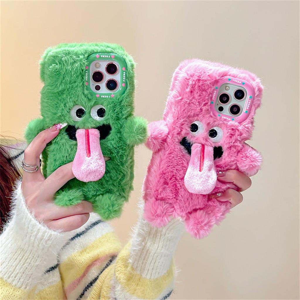Funny Tongue Sticking Out Plush Mobile Phone Case, Winter Warm Fuzzy Phone Case Cover, Christmas Cute Phone Case For 15