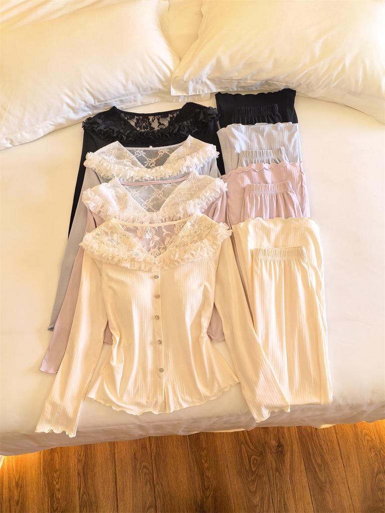 Women's Cotton Pajama Set: Long Sleeve, Lace Trim, Long Pants, Chest Pads, Sexy Style for Spring, Autumn, Winter.