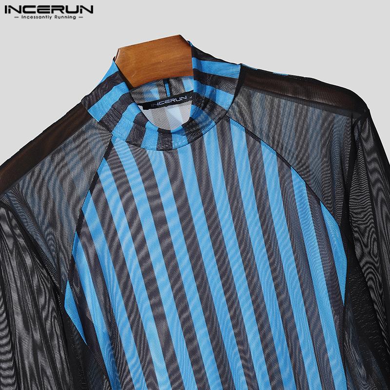 INCERUN Two-piece Men Long Sleeve Striped Mesh Sheer Crop Tops Bow Elastic Waist Pants Sets