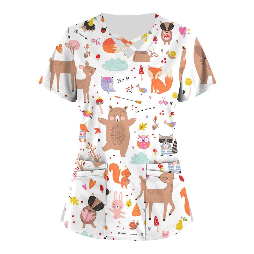 Roztomilé pracovní uniformy s potiskem plus size pro ženy Trička s překříženým výstřihem do V Krátký rukáv Zábavná trička Pracovní oblečení Tričko s kapsami