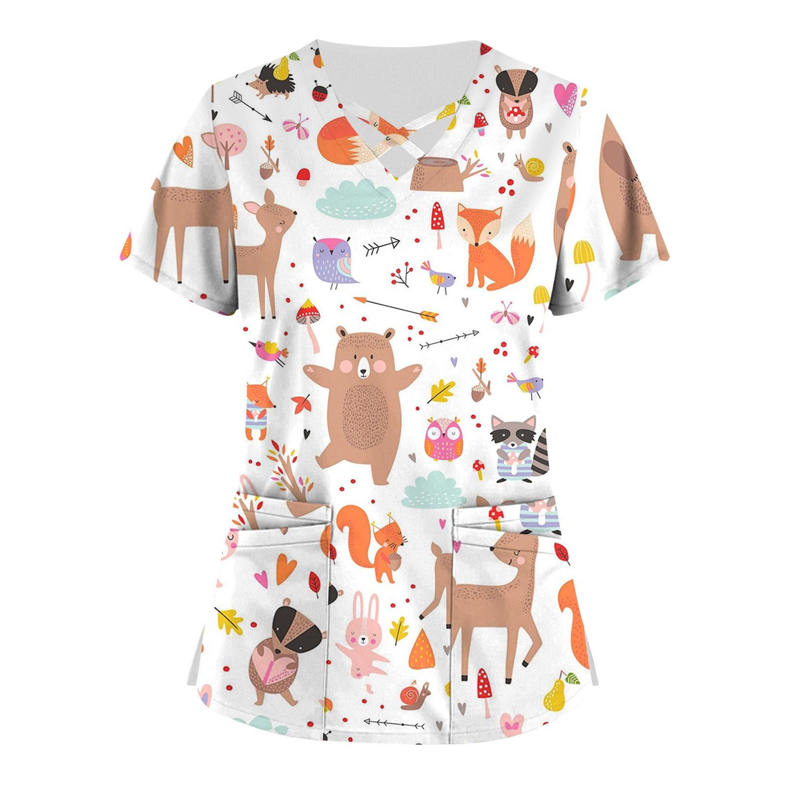 

Плюс размер, милая рабочая форма с принтом, топы для женщин, забавные футболки с перекрестным v-образным вырезом и короткими рукавами, рабочая одежда, футболка с карманами XXXL бежевый