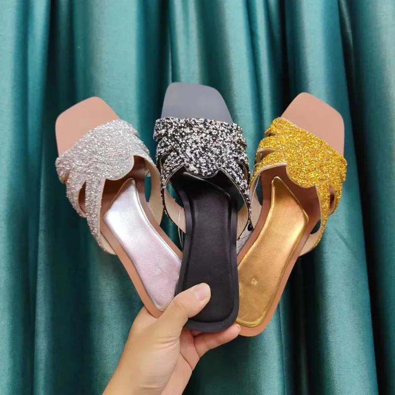 Fashion Women Flat Slippers Luxury Shiny Rhinestones Roman Outdoor Beach Slides 2025 Summer Daily Breathable Hollow Gold Female Shoes