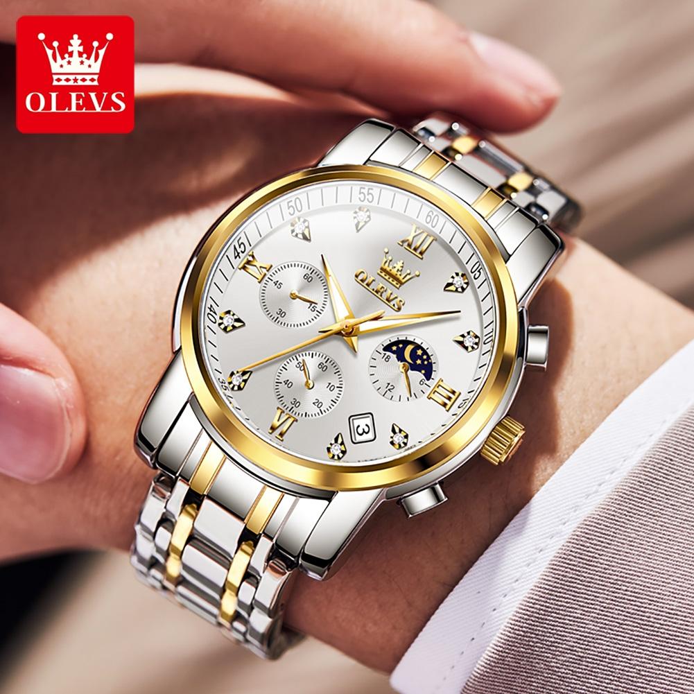 OLEVS 2858 New Moon Phase Quartz Watch for Men Stainless Steel Waterproof Anti-Scratch Luminous Chronograph Mens Wristwatch