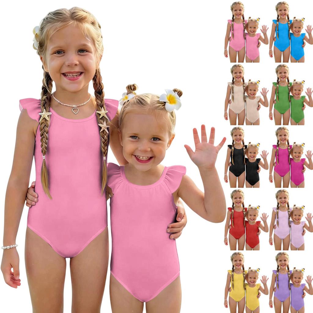 Costume da bagno intero per bambina Estate Colore Unico Costumi da bagno Bambini Senza Maniche Spalla con Volant Costume da bagno Abbigliamento da spiaggia per bambini