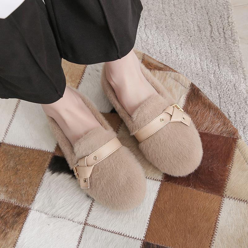 Fashion Mink Fur moccasins femme bow-knot belt buckle fleeces flats woman winter shoes women sneakers warm plush loafers big size 34-43