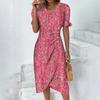 Vintage Office Slim Boho Dresses Elegant Floral Print Puff Sleeve Party Dress Ladies V-neck Button Draped Irregular A-line Dress