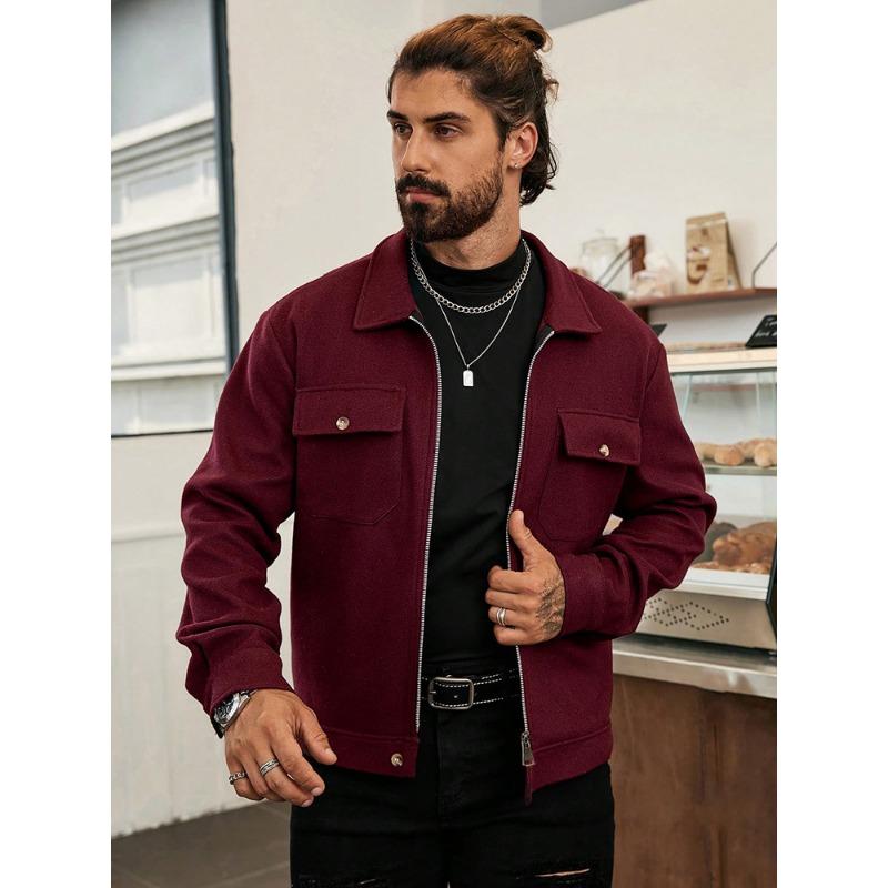 Giacca Sovraccamicia da Uomo Bordo con Zip e Tasche a Patta Cappotto Casual