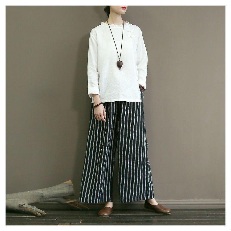2023 Retro Cotton Linen Striped Wide-Leg Women's Slimming Cropped Pants - Japanese Style Summer Casual Wear