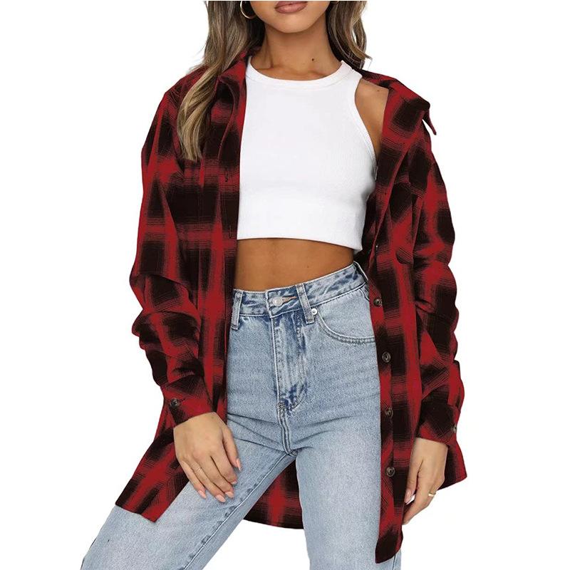 New Women's Top with Collar Long Sleeves Loose and Casual Checkered Shirt