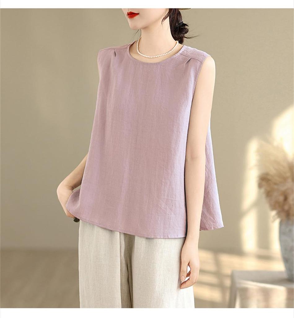 Sleeveless Plus Loose Perfect for [SDSXZWG] Women's T-Shirt, Cotton-Linen, Sizes, Office/Business, Elegant, Casual, Fit, Lightweight, Natural,