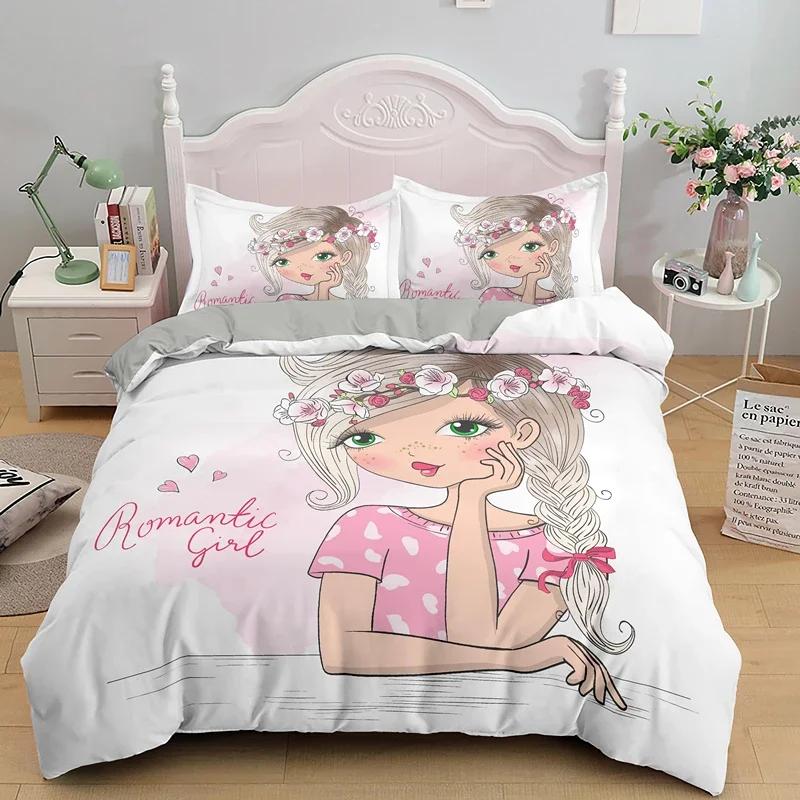 Cartoon Lovely Girls King Queen Duvet Cover Cute Little Girl Pattern Bedding Set Kids Pink Pretty 2/3pcs Polyester Quilt Cover