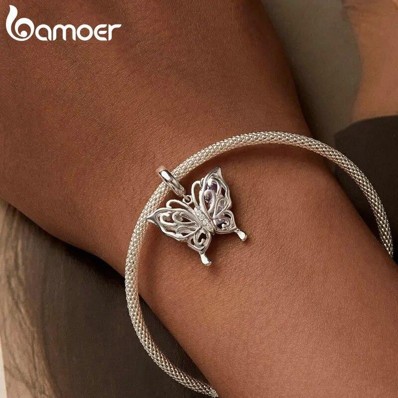 Bamoer 925 Sterling Silver Hollow-out Butterfly Pendant Charms for Women Bracelet & Necklace Pave Setting CZ Fine Jewelry Gift