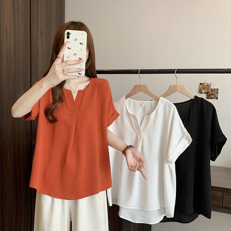 Women Casual V Neck Short Sleeve Loose Fit Solid Color Blouse