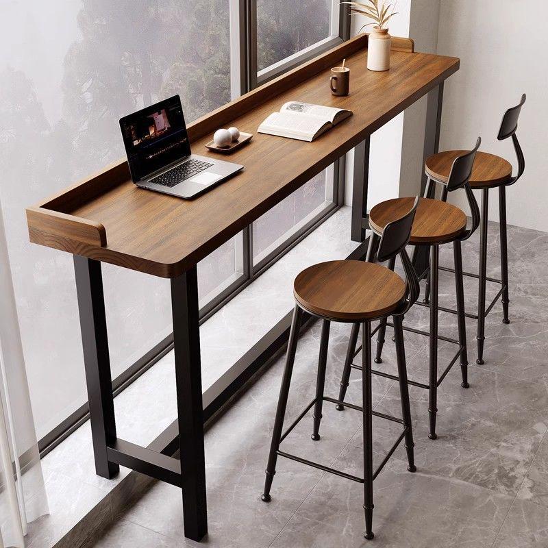 Solid Wood Balcony Bar Table with High-Low Legs and Wall-Leaning Design, Perfect for Window-Side Use, with High Table and Chairs.