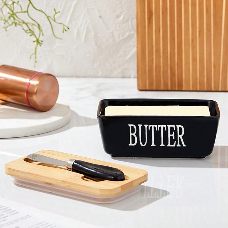 Ceramic Butter Cup with Lid and Knife Is Perfect for Cheese Yellow Oil Cans. Creative and Interesting Design Is Convenient