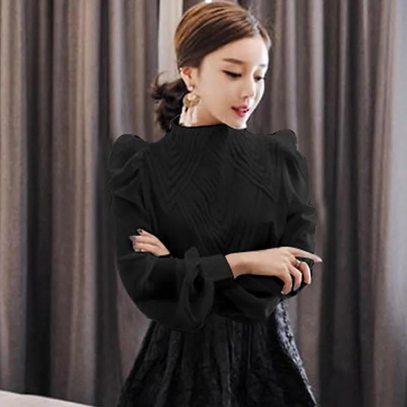New Fashion Long Sleeve Stand Collar Black White Chiffon Blouse Shirt Women Tops J386