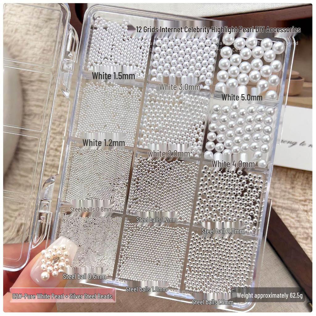 12-Fächer Perlen Nail Art Dekorationen: Stahlperlen in gemischter Größe & flache Halbrund-Strasssteine Weiß, Zubehör