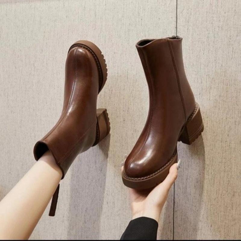Women's short boots with chunky heels and thick soles in British style New Year's High Heel Brown Retro Spring and Autumn Boots