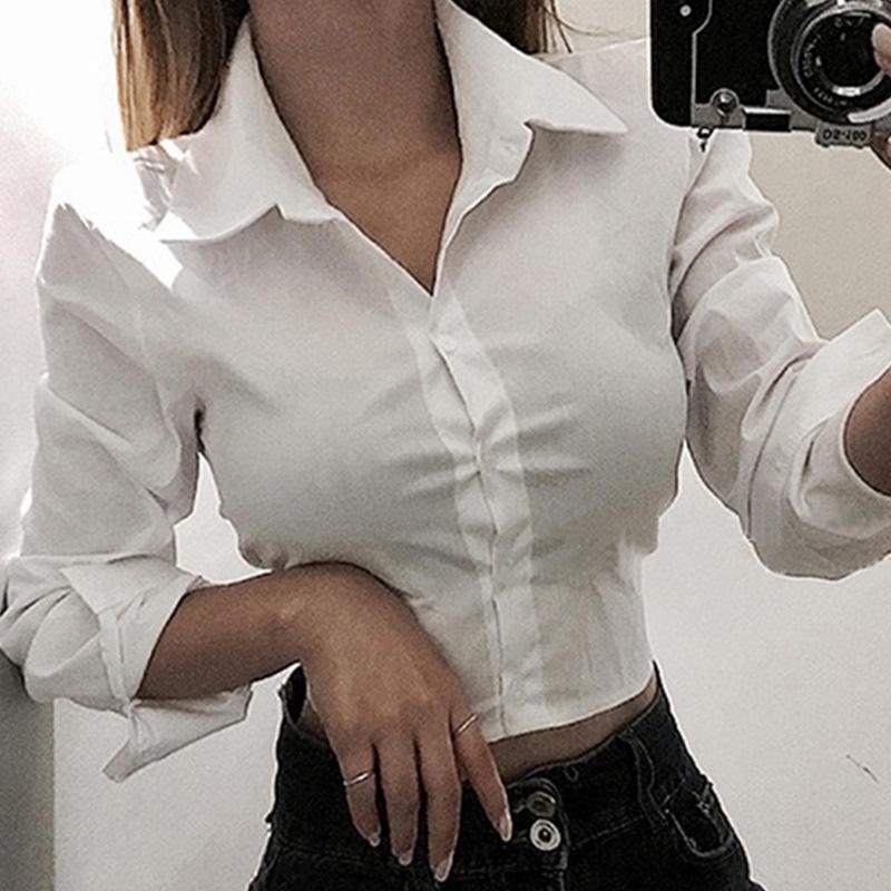 Korean White Cropped Slimming Long Sleeve Shirt for Women