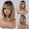Fashionable Women's Wig: Short, Ombre Beige Hair with Side-Swept Bangs, Slightly Curled, Shoulder-Length, High-Temperature Silk Wig