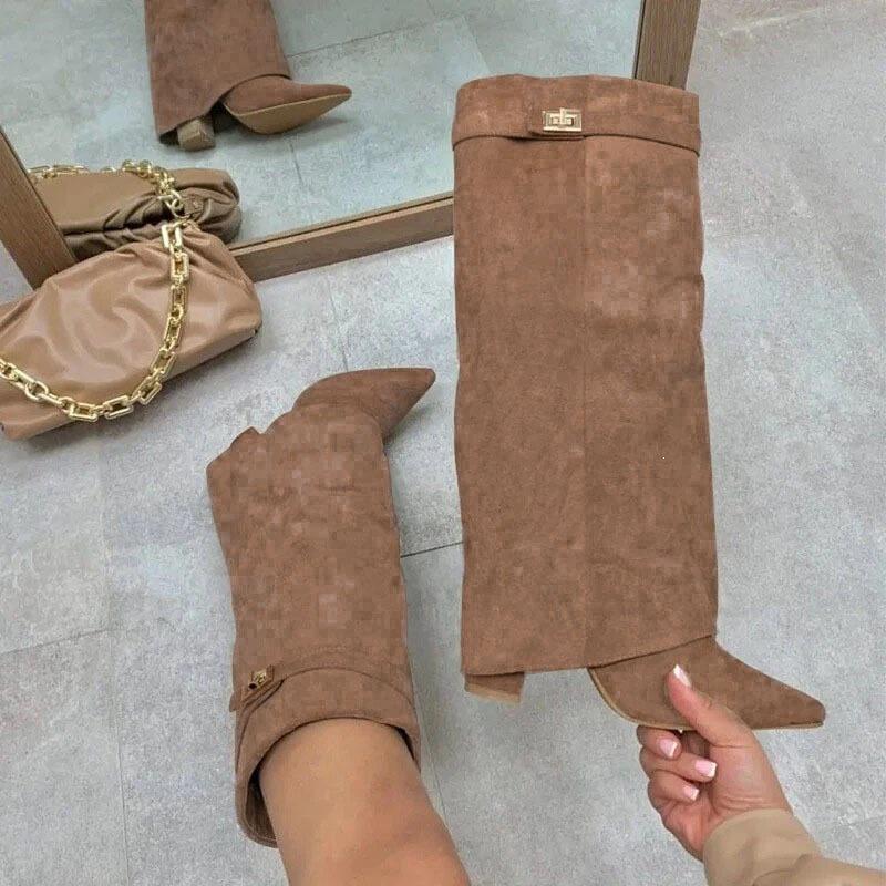 Plus Size Women's Chunky Heel Pointed Toe Boots with Metal Buckle – Mid-Length, Large Calf