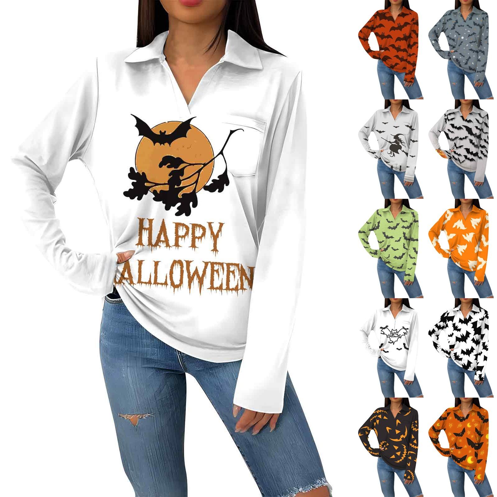 

Женская модная повседневная футболка с длинным рукавом и V-образным вырезом на Хэллоуин с принтом и лацканами XL чёрный