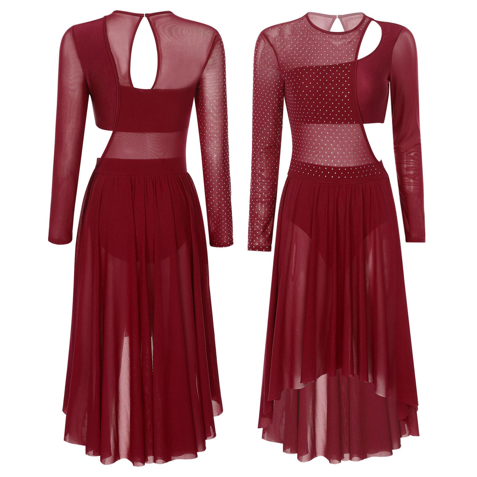 

Женский лирический современный танцевальный костюм с длинными рукавами и стразами, сетчатое лоскутное платье с вырезами, балетное трико, платье XL бордовый