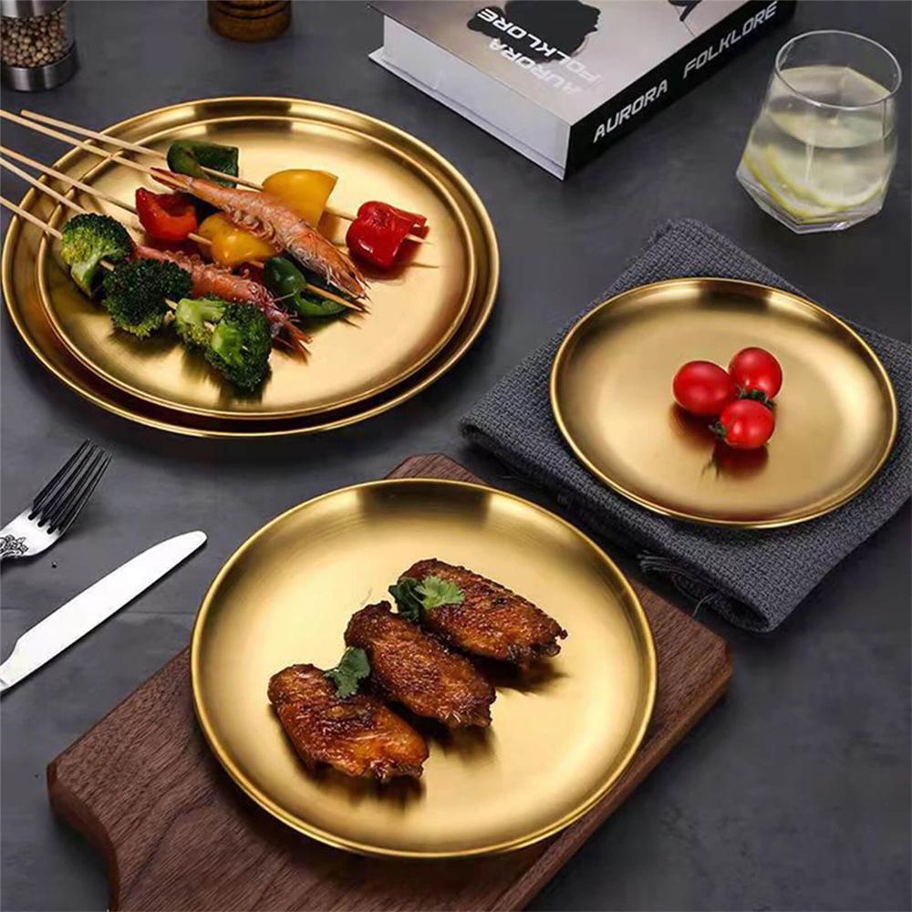 1pc Stainless Steel Plate Round Tray Vegetable Dish Plate Barbecue Restaurant Supplies Bone Dish Plate Decorative Dining Tray Fo