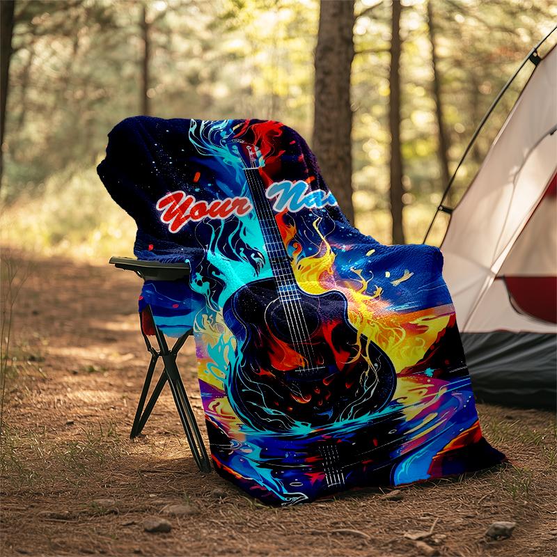 1PC Custom Name "Flame Guitar Artwork" outdooor Flannel blankets Patterns Throw Blanket All-Season Soft Gift for Couch, Bed, Camping gifts