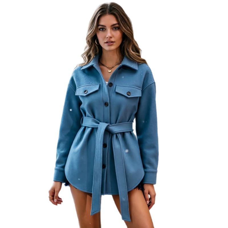 Women Solid Color Loose Shirt Collar Lace Up Button Long Sleeve Trench Coat