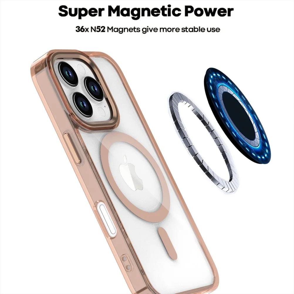 Powerful Magnetic for Magsafe Ring Metal Lens Buttons Clear Phone Case For 16E 15 14 13 12 11 Pro Max X XR Protect Cover