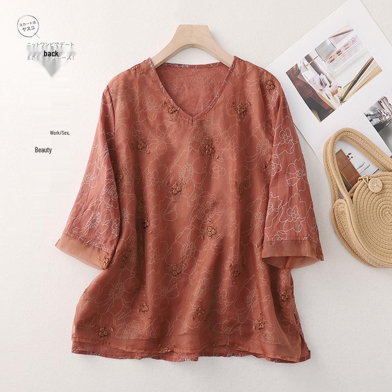 

Summer Cotton Linen Patchwork Organza Shirt - Retro Artistic Zen Tea Ceremony Loose Top for Women Extra Large (XL) помаранчевий
