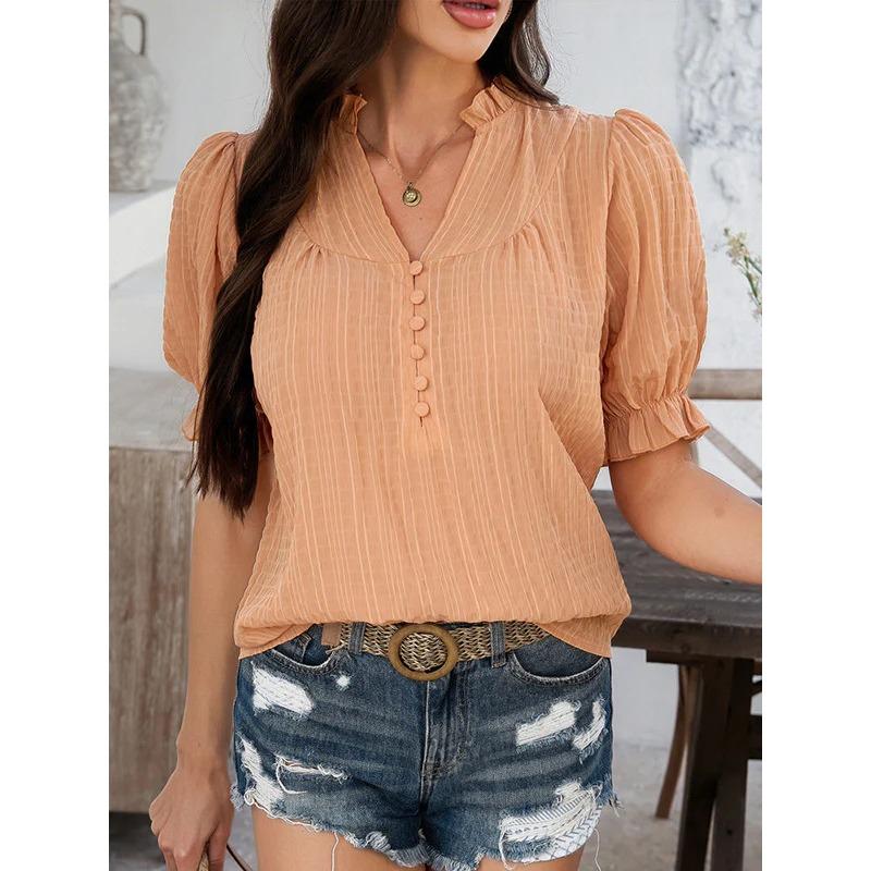 IHUASU Women's Fashion Casual V-Neck Short Sleeve Blouses & Shirts