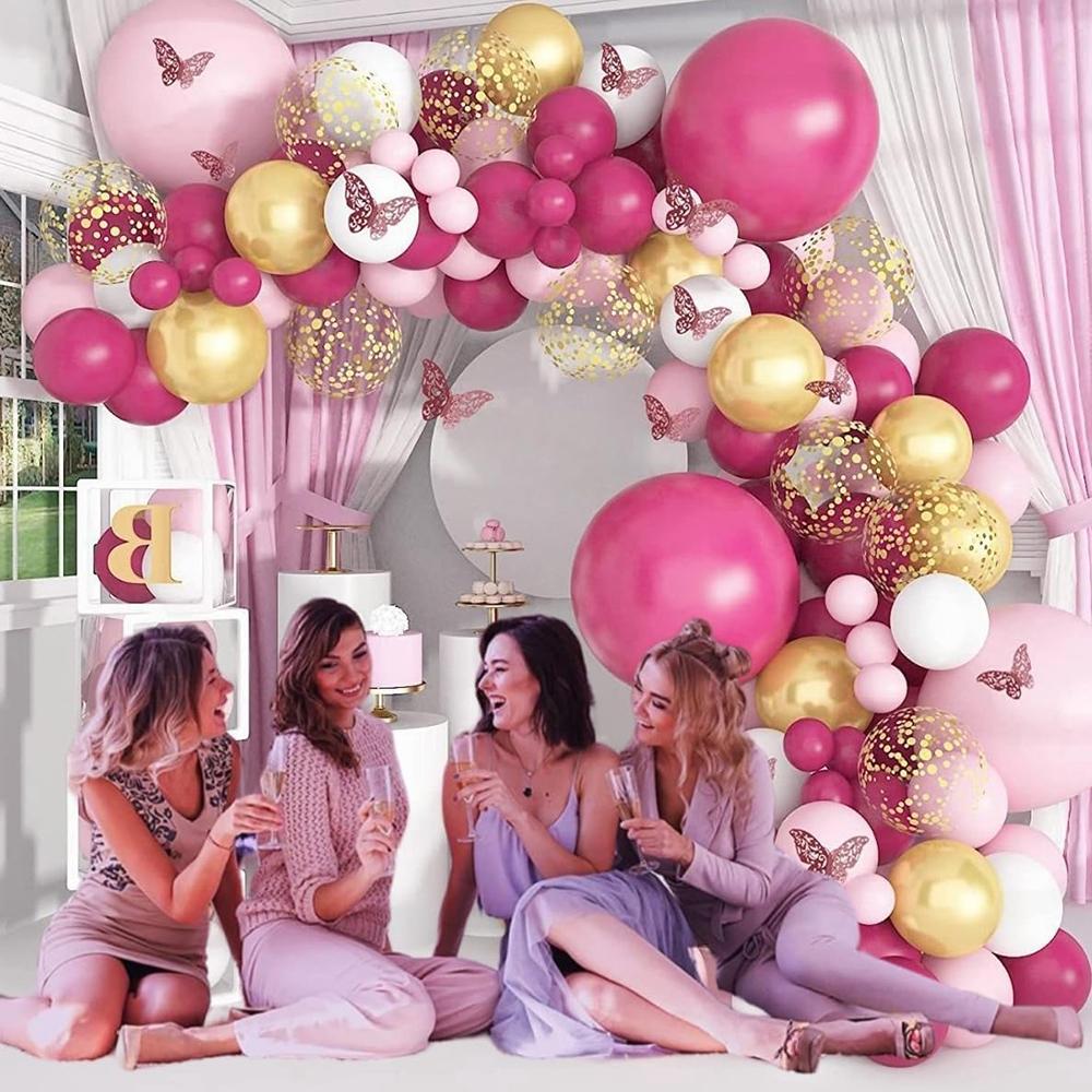 124PCS pink, gold, and white latex balloon set suitable for birthday parties, weddings, Valentine's Day parties, and decoration